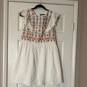 GUC 
SHEIN white pompom ruffle armhole geo embroidered dress. Size Large.
